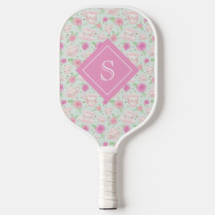 Girly Floral Pink Tee Cups Muster Personalisiert Pickleball Schläger