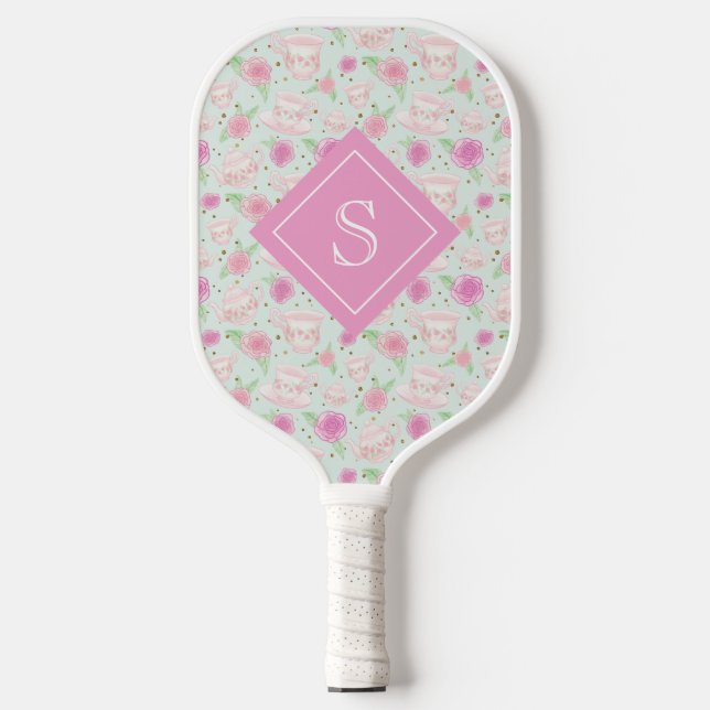 Girly Floral Pink Tee Cups Muster Personalisiert Pickleball Schläger (Vorderseite)