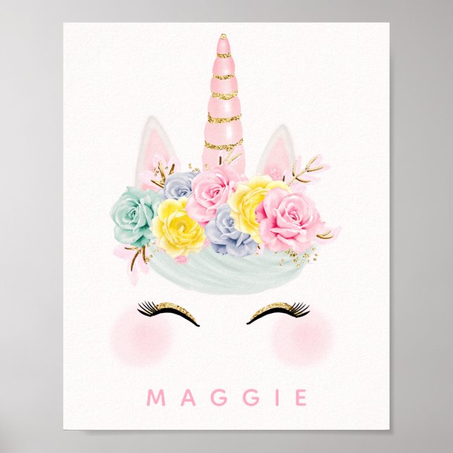 Girly Floral Unicorn Pink Gold Personalisiert Poster (Vorne)