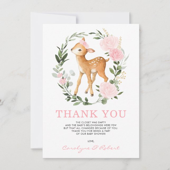 Girly Forest Deer Fawn Woodland Greenerity Baby Dankeskarte (Vorderseite)