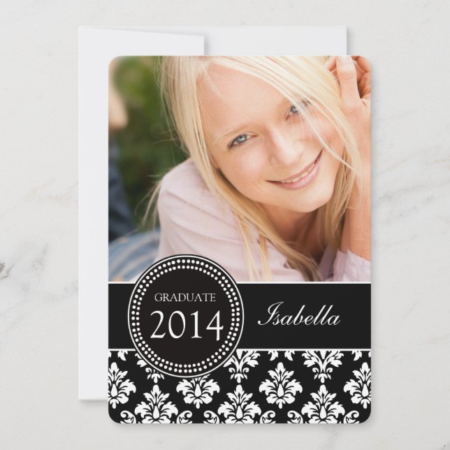 GIRLY FOTO GRAD INVIP| SCHWARZ-WEISSER DAMASK EINLADUNG (Vorderseite)