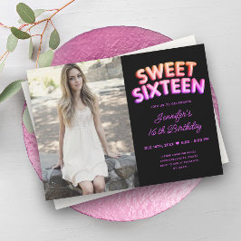 Girly Foto Neon Balloons Hot Pink Black Sweet 16 Einladung