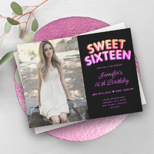 Girly Foto Neon Balloons Hot Pink Black Sweet 16 Einladung