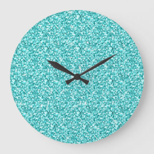 Girly, Fun Aqua Blue Glitter Printed Große Wanduhr