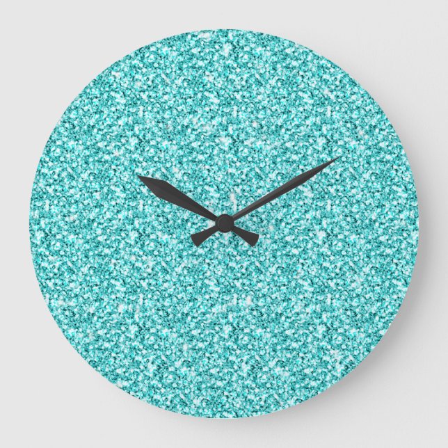 Girly, Fun Aqua Blue Glitter Printed Große Wanduhr (Vorderseite)