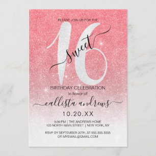 Girly Funkelnd Coral White Glitzer Ombre Sweet 16 Einladung