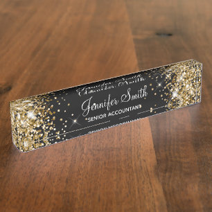 Girly Funkelnd Gold Glitzer Black Namensplakette