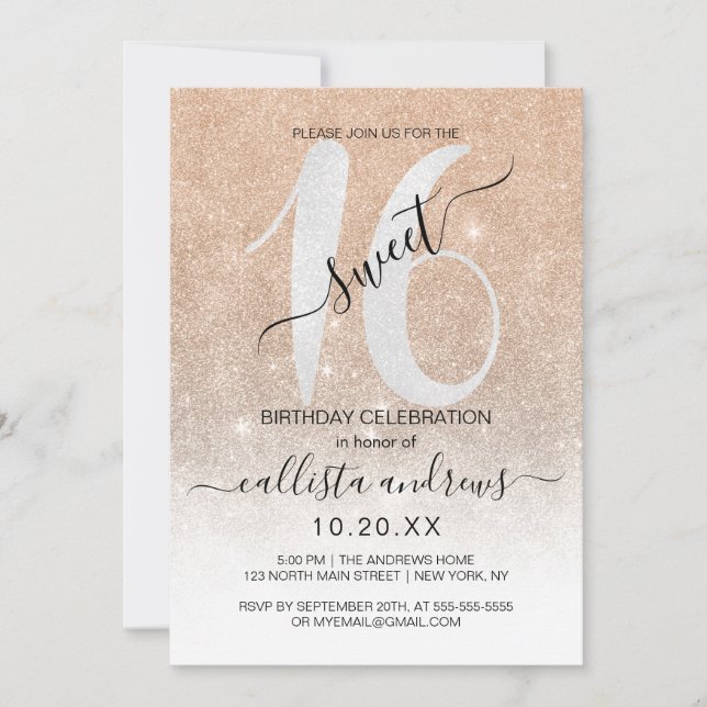 Girly Funkelnd Gold White Glitzer Ombre Sweet 16 Einladung (Vorderseite)