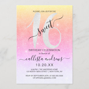 Girly Funkelnd Rainbow Glitzer Ombre Sweet 16 Einladung