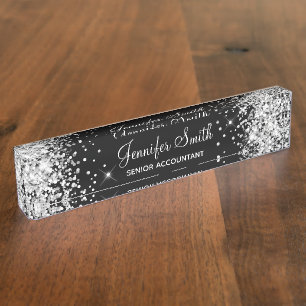 Girly Funkelnd Silver Glitzer Black Namensplakette