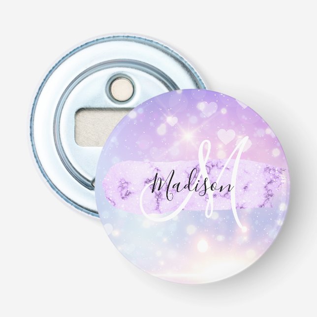 Girly Funkelnd Unicorn Rainbow Hearts Monogram Flaschenöffner (Vorderseite)