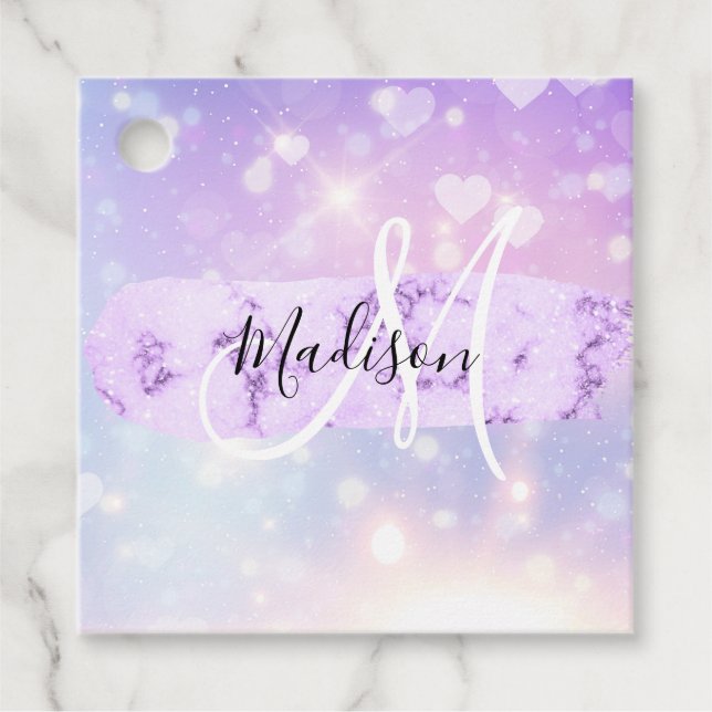 Girly Funkelnd Unicorn Rainbow Hearts Monogram Geschenkanhänger (Vorderseite)