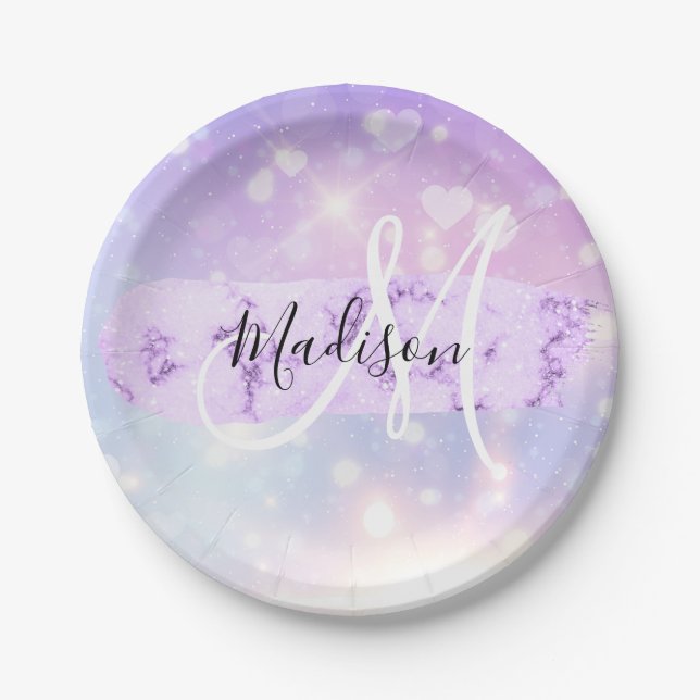 Girly Funkelnd Unicorn Rainbow Hearts Monogram Pappteller (Vorderseite)