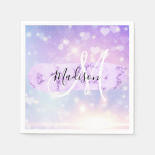 Girly Funkelnd Unicorn Rainbow Hearts Monogram Serviette