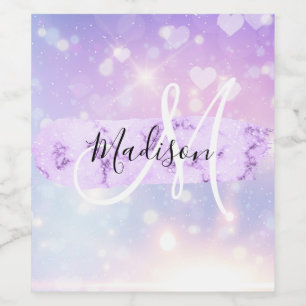 Girly Funkelnd Unicorn Rainbow Hearts Monogram Weinetikett