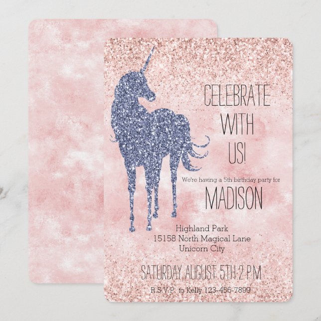 Girly Glam Blush Pink Lila Einhorn Glitzer Einladung (Vorne/Hinten)