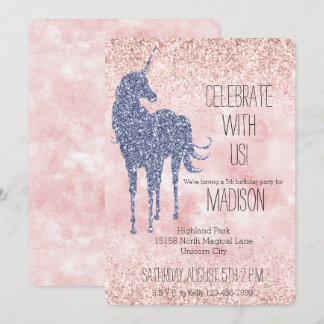 Girly Glam Blush Pink Lila Einhorn Glitzer Einladung