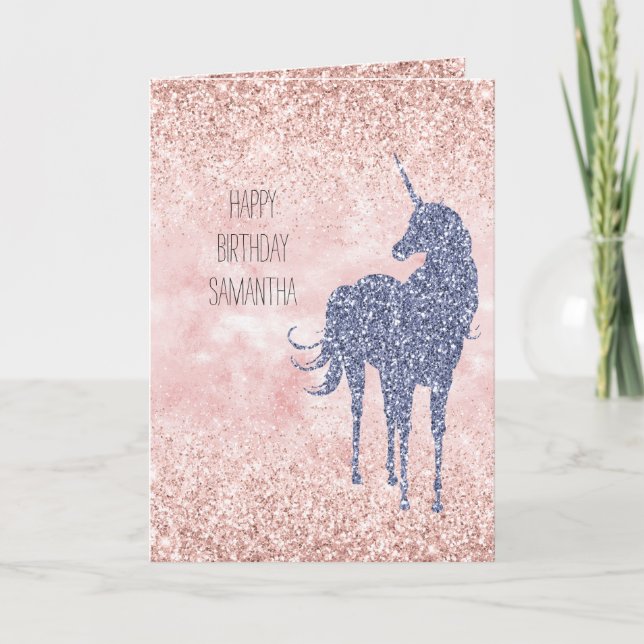 Girly Glam Blush Pink Lila Einhorn Glitzer Karte (Vorderseite)