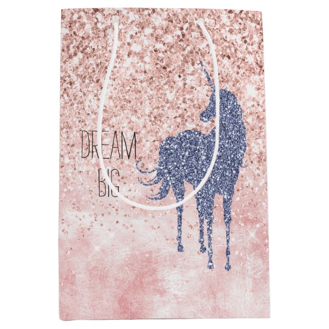 Girly Glam Blush Pink Lila Einhorn Glitzer Mittlere Geschenktüte (Vorderseite)