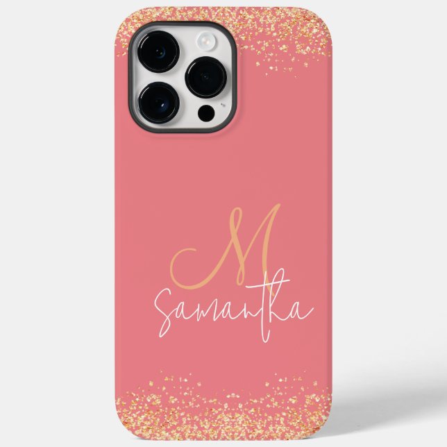 Girly Glam Glittery Pink & Gold Monogram Case-Mate iPhone 14 Pro Max Hülle (Rückseite)