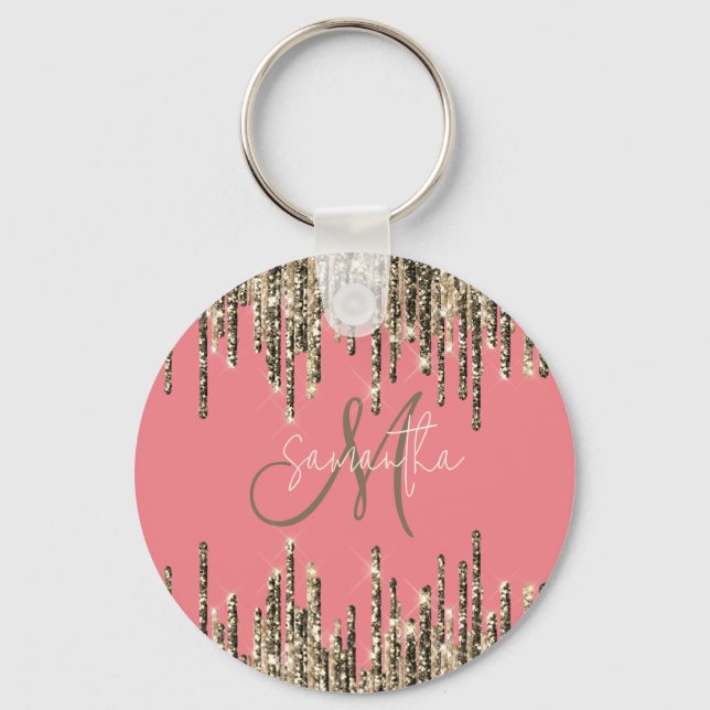 Girly Glam Glittery Pink & Golden Monogram Schlüsselanhänger (Vorderseite)