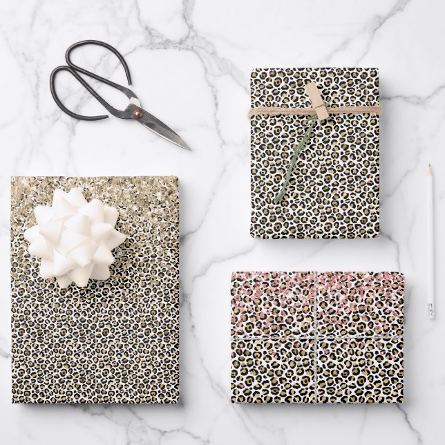Girly Glam Gold Leopard Print Glitzer funkeln Geschenkpapier Set (Vorderseite)