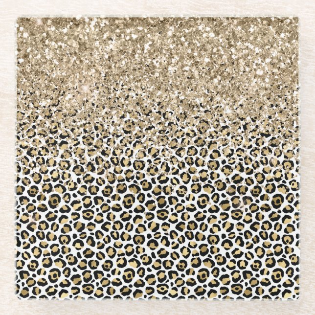 Girly Glam Gold Leopard Print Glitzer funkeln Glasuntersetzer (Vorderseite)