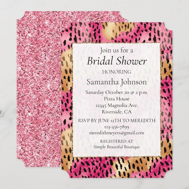 Girly Glam Gold Pink Leopard Einladung (Vorne/Hinten)