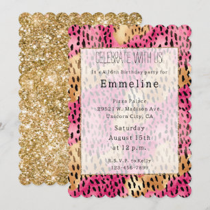 Girly Glam Gold Pink Leopard Einladung