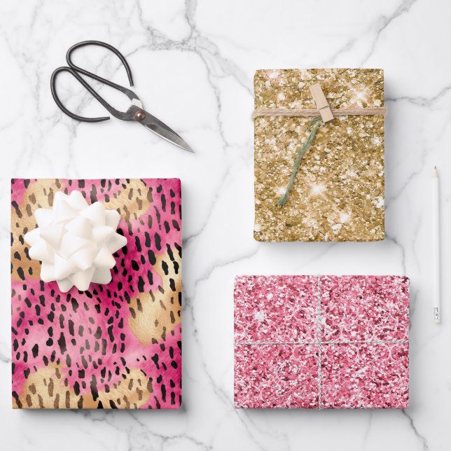Girly Glam Gold Pink Leopard Geschenkpapier Set (Vorderseite)