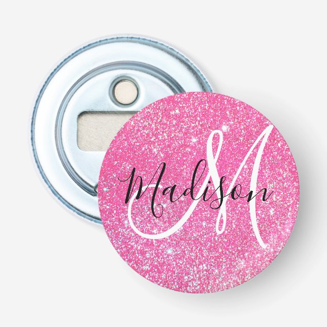 Girly Glam Hot Pink Glitzer Glitzern Monogram Name Flaschenöffner (Vorderseite)