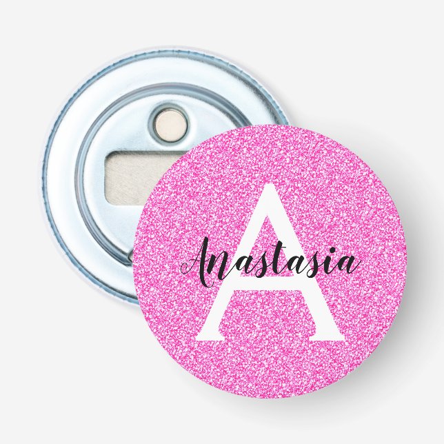 Girly Glam Hot Pink Glitzer Glitzern Monogram Name Flaschenöffner (Vorderseite)