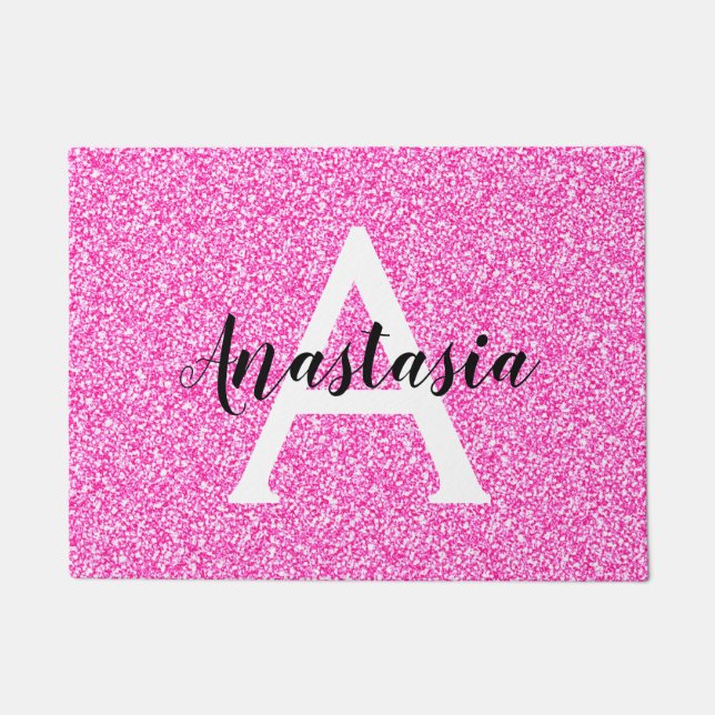 Girly Glam Hot Pink Glitzer Glitzern Monogram Name Fußmatte (Vorderseite)