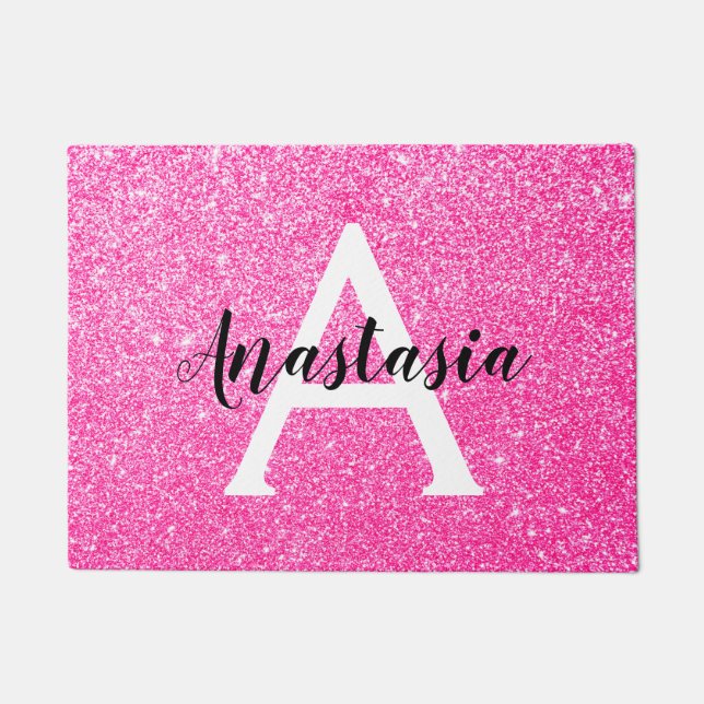 Girly Glam Hot Pink Glitzer Glitzern Monogram Name Fußmatte (Vorderseite)