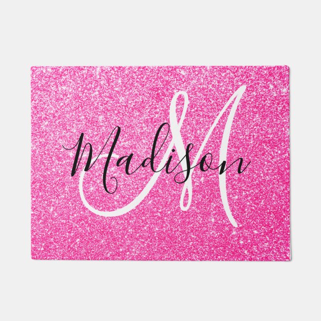 Girly Glam Hot Pink Glitzer Glitzern Monogram Name Fußmatte (Vorderseite)