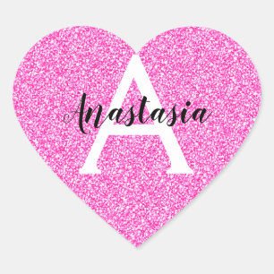 Girly Glam Hot Pink Glitzer Glitzern Monogram Name Herz-Aufkleber