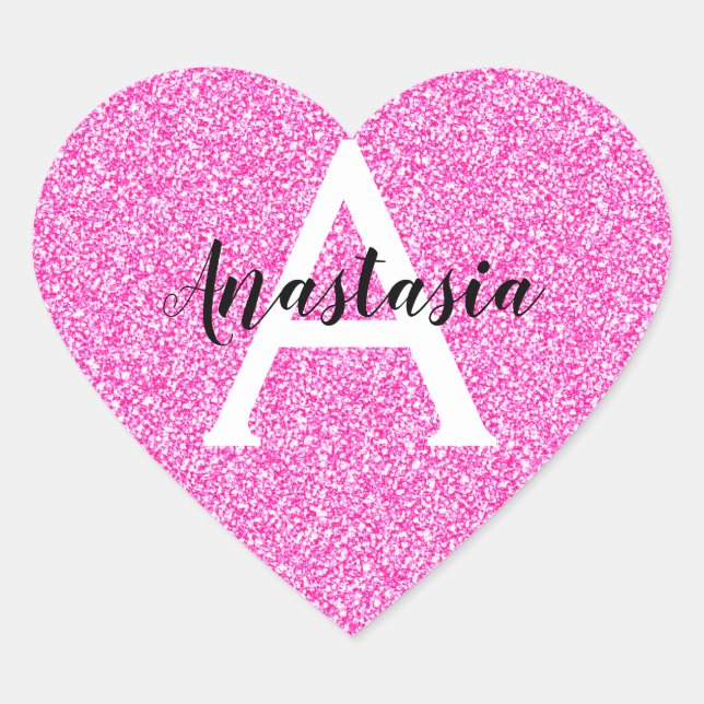 Girly Glam Hot Pink Glitzer Glitzern Monogram Name Herz-Aufkleber (Vorderseite)