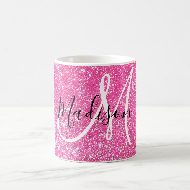 Girly Glam Hot Pink Glitzer Glitzern Monogram Name Kaffeetasse (Mittel)