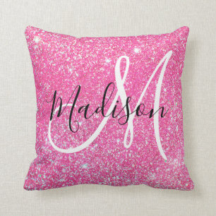 Girly Glam Hot Pink Glitzer Glitzern Monogram Name Kissen