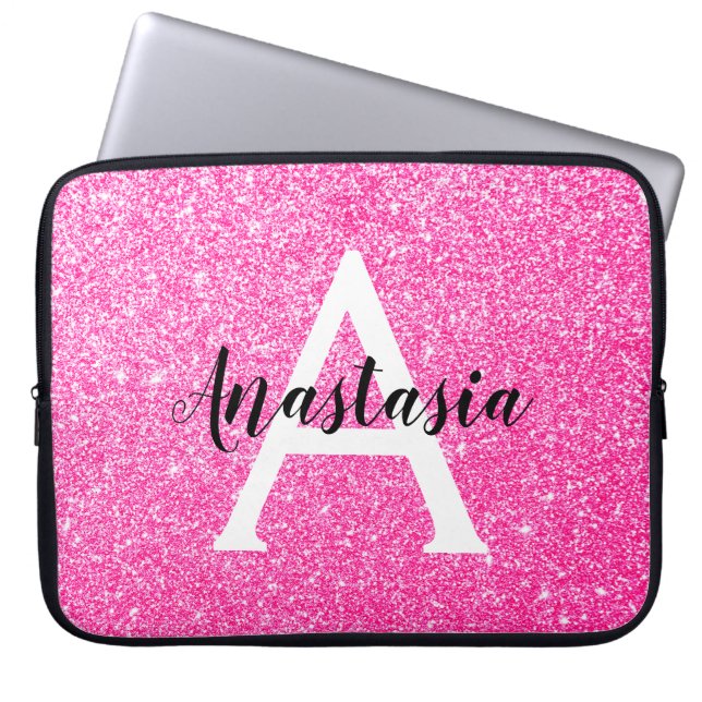 Girly Glam Hot Pink Glitzer Glitzern Monogram Name Laptopschutzhülle (Vorderseite)