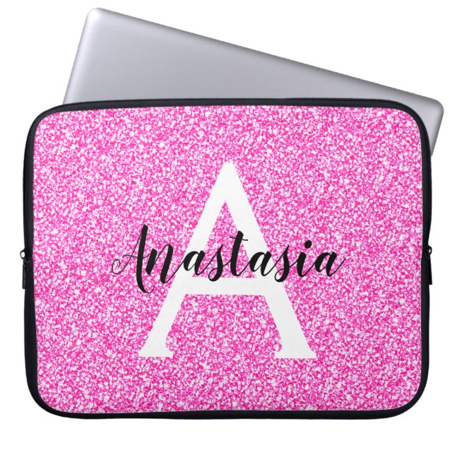 Girly Glam Hot Pink Glitzer Glitzern Monogram Name Laptopschutzhülle (Vorderseite)