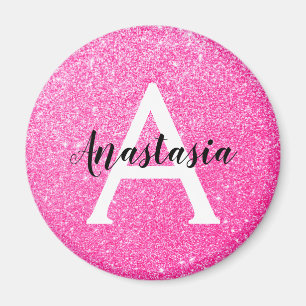 Girly Glam Hot Pink Glitzer Glitzern Monogram Name Magnet