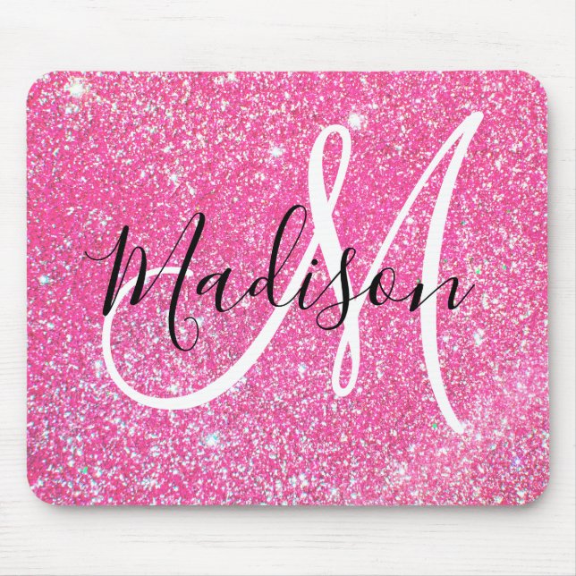 Girly Glam Hot Pink Glitzer Glitzern Monogram Name Mousepad (Vorne)