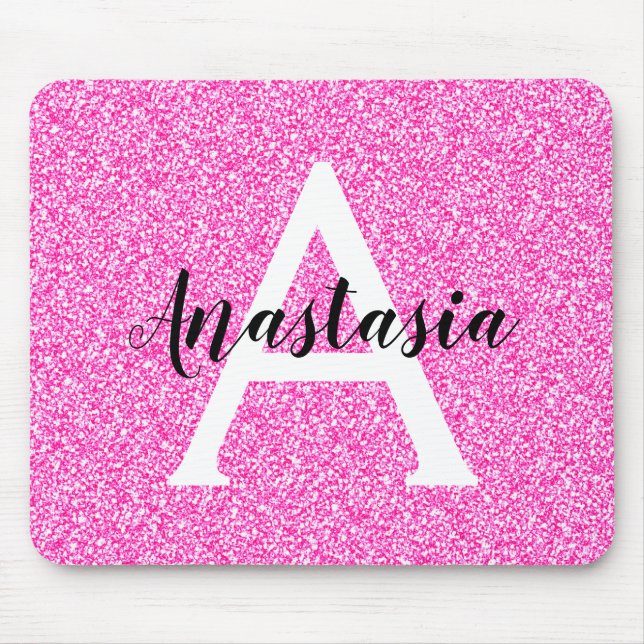Girly Glam Hot Pink Glitzer Glitzern Monogram Name Mousepad (Vorne)