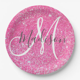 Girly Glam Hot Pink Glitzer Glitzern Monogram Name Pappteller