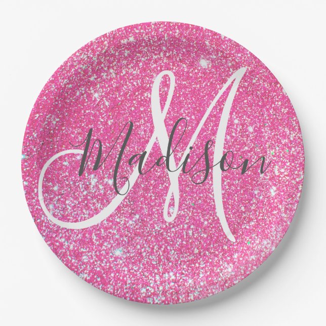 Girly Glam Hot Pink Glitzer Glitzern Monogram Name Pappteller (Vorderseite)
