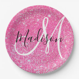 Girly Glam Hot Pink Glitzer Glitzern Monogram Name Pappteller