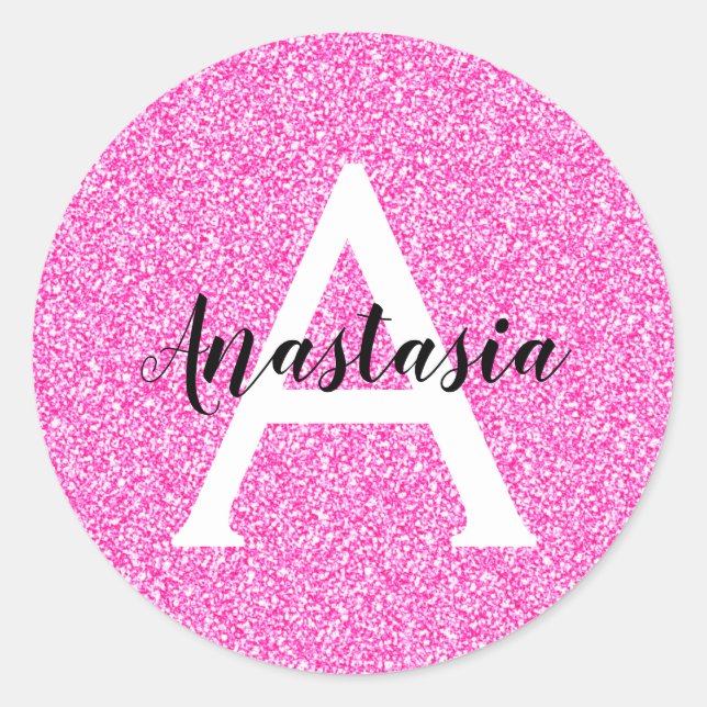 Girly Glam Hot Pink Glitzer Glitzern Monogram Name Runder Aufkleber (Vorderseite)