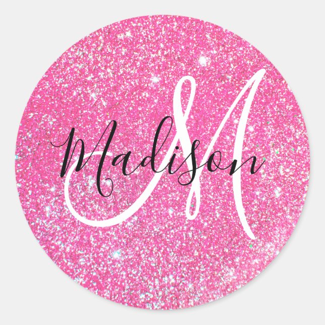 Girly Glam Hot Pink Glitzer Glitzern Monogram Name Runder Aufkleber (Vorderseite)