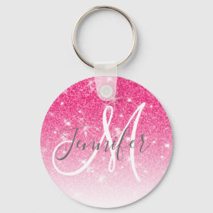 Girly Glam Hot Pink Glitzer Glitzern Monogram Name Schlüsselanhänger